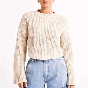 Meshki Ribbed Knit Cropped Flare Sleeve Oversized Sweater Beige Small Office